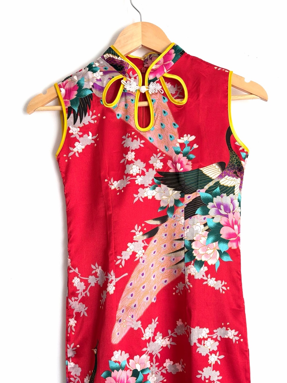 Vintage 100% Silk Mandarin Collar Floral Peacock Dress XS - Picture 3 of 5